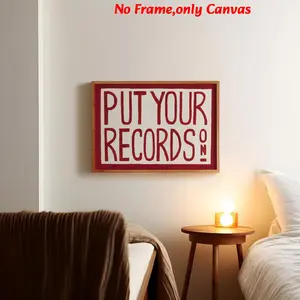 1 pc, wall art, quote poster, vintage wall art print, vintage letters print, mid-century modern wall art, red 'Put Your Records' print, music print, scenic vintage music wall art, home decor, unframed, Art Wall Decoration