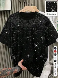 Men's Fashion Rhinestone Trendy Casual T-Shirt, Street Dance Hip Hop Rapper Style, Outdoor Gym College Simple Design