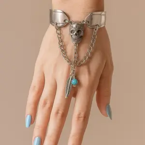 Handmade Spoon Bracelet with Skull, Feather & Turquoise Charm – Upcycled Silverware Jewelry, Adjustable Chain Bracelet, Unique Gift for Her