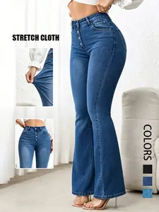 Women's High-Waisted Denim Flare Jeans - Button-Front, Butt-Lifting, Stretchy Cotton-Polyester-Spandex Fabric, Trendy Cowboy Design, Casual Streetwear Bottoms (Pair with Crop Tops, Blouses)