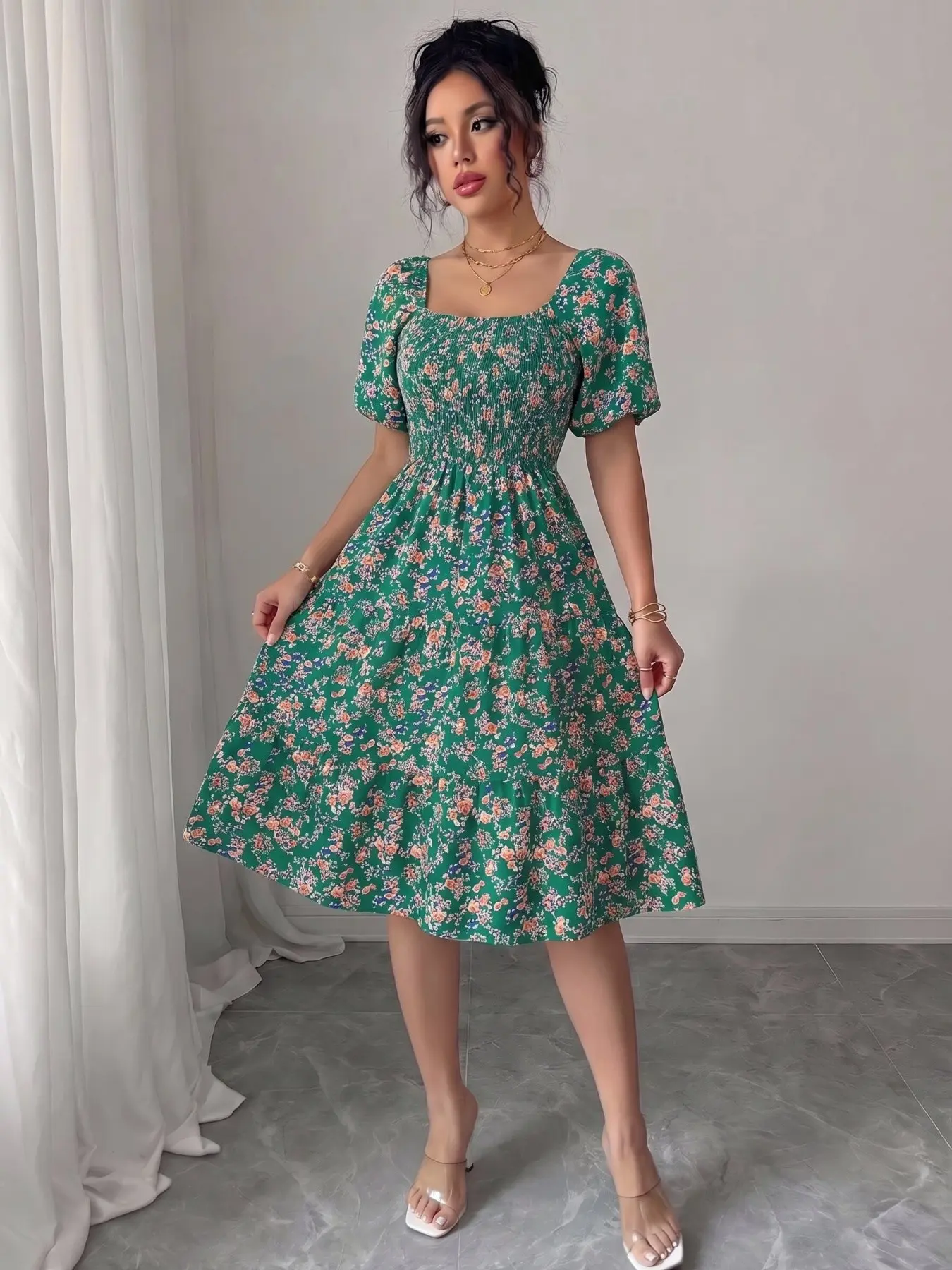 Summer Square Neck Ruched Ruffled Small Floral Print Leaf Edge Beach Vacation Bubble Sleeve Short Dress, beach sundresses, Casual Wear, Boho Stylish Summer for Women