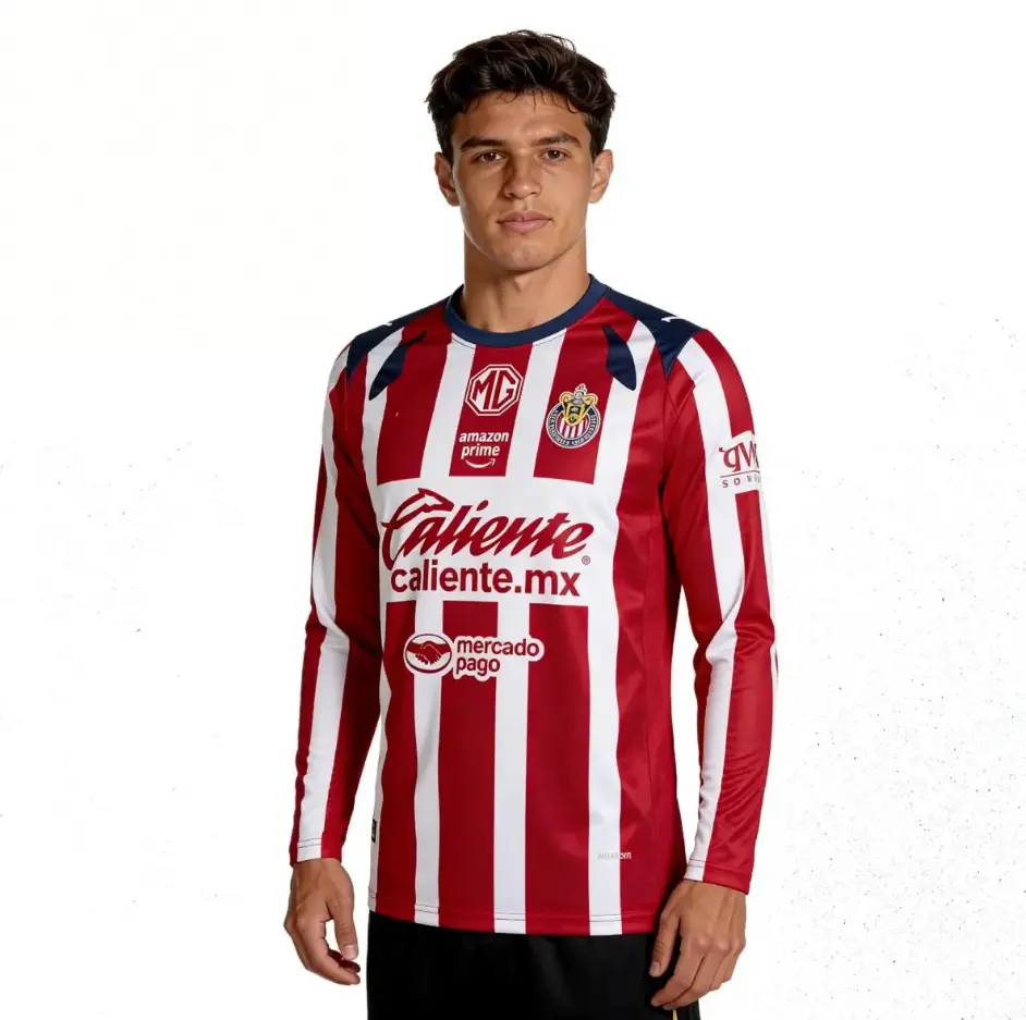 Chivas Guadalajara 2025-2026 Away Long Sleeve Soccer Jersey, Red White Stripe Liga MX Football Shirt, Unisex Fan Apparel