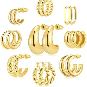 Women's 9-Pair Fashion Earring Set, Rose Gold Plated & Chunky Small Huggie Hoops, Non-Tarnish for Sensitive Ears, 14K Plated Jewelry Gift Ear Studs