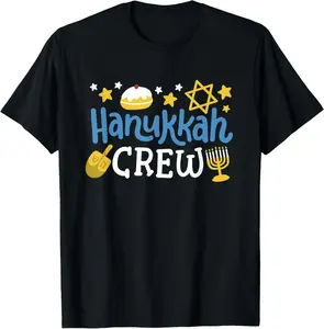100% Cotton Hanukkah Crew Retro Jewish Menorah Dreidel Men Women T-Shirt