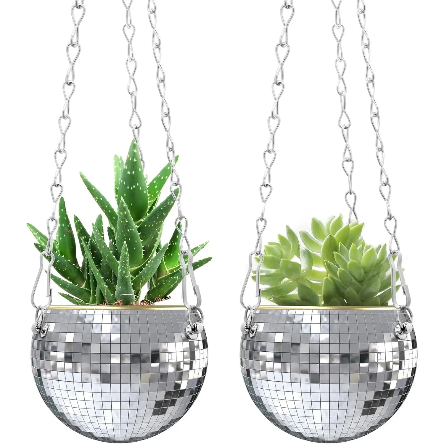 2 count Hanging Disco Ball Planter - 4Inch Sliver Disco Mirror Ball Planter with Chain - Home Boho Hanging Planter for Indoor Outdoor