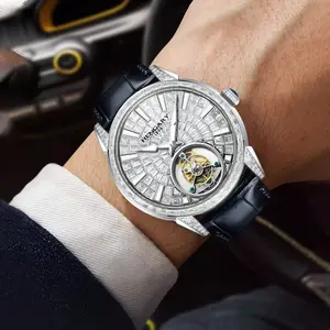 Elegant Men’s Automatic Mechanical Watch, Fully Iced-Out Dial & Bezel, Open Heart Skeleton Movement, Leather Band, Classic Round Style Ideal for Work & Special Occasions