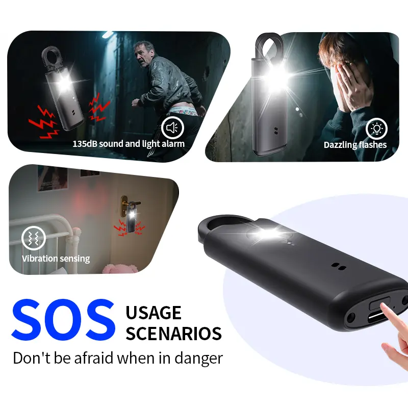 Rechargeable Motion Sensor Keychain Security Alarm - 135dB Siren, LED Strobe Light for Emergency Use by Women, Elderly Individuals