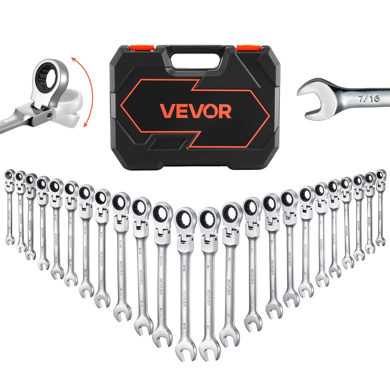 VEVOR 24-Pcs Multifunctional SAE/Metric Flex-Head Ratcheting Wrench Set, 72-Teeth Cr-V Carbon Steel Flexible Combination Wrenches, 8-19 mm, 9.57 Lbs / 4.34 Kg, Storage Case Included, for Auto Repair, Silver