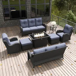LayinSun 8 Pieces Outdoor Patio Furniture Set with Fire Pit Table, Rattan Wicker Sectional Swivel Rocker Chairs Sets with Ottomans, Swivel Glider Chair and Coffee Table