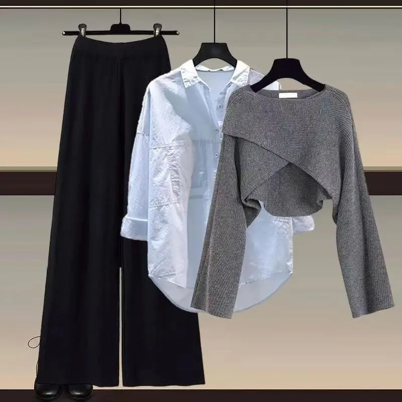 Grey sweater + blue shirt + black wide l