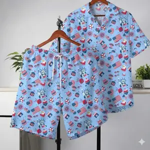 4th of July Hawaiian Shirt Shorts Set Women Men Statue of Liberty American Flag Bald Eagle Print Loose Beach Vacation Summer Outfit Matching Set