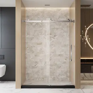 Frameless Single sliding shower door  56-60 "W x 76" H, 1/4 "(6 mm) Clear Tempered Glass, Explosion Proof Film, Stainless Steel Handle Square Tube Track  Brushed Nickel   WL