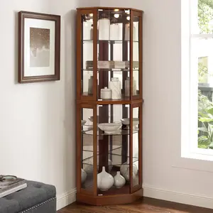 6 Shelf Corner Curio Display Cabinet with Lights, Mirrors and Shelves in Walnut Finish
