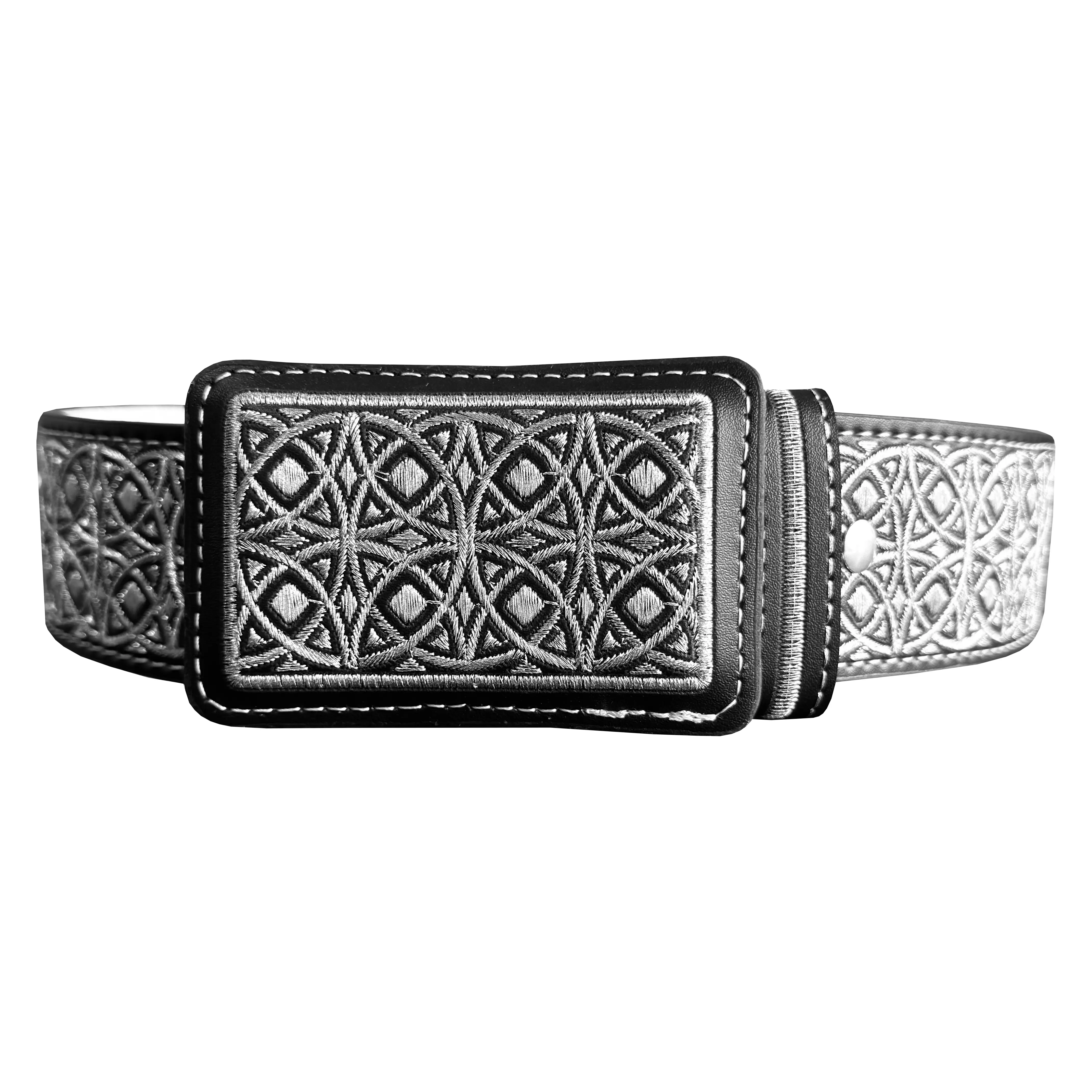 Men's Black Western Aztec Pattern Design Silver Color Embroidery Belt Genuine Leather Belt