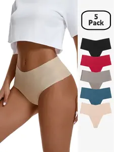 Women's V-Neck High-Waisted Slim Fit Seamless Daily Casual Underwear, Soft Ice Silk Breathable Elastic Four Seasons Panties, 5 Pack Casual Minimalist Plain Design