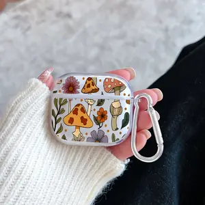 Mushroom - Flower Reverie Pattern Protective Case for AirPods 4/3/2/1/Pro/Pro2 Soft TPU Earphone Cover, Transparent with Keychain