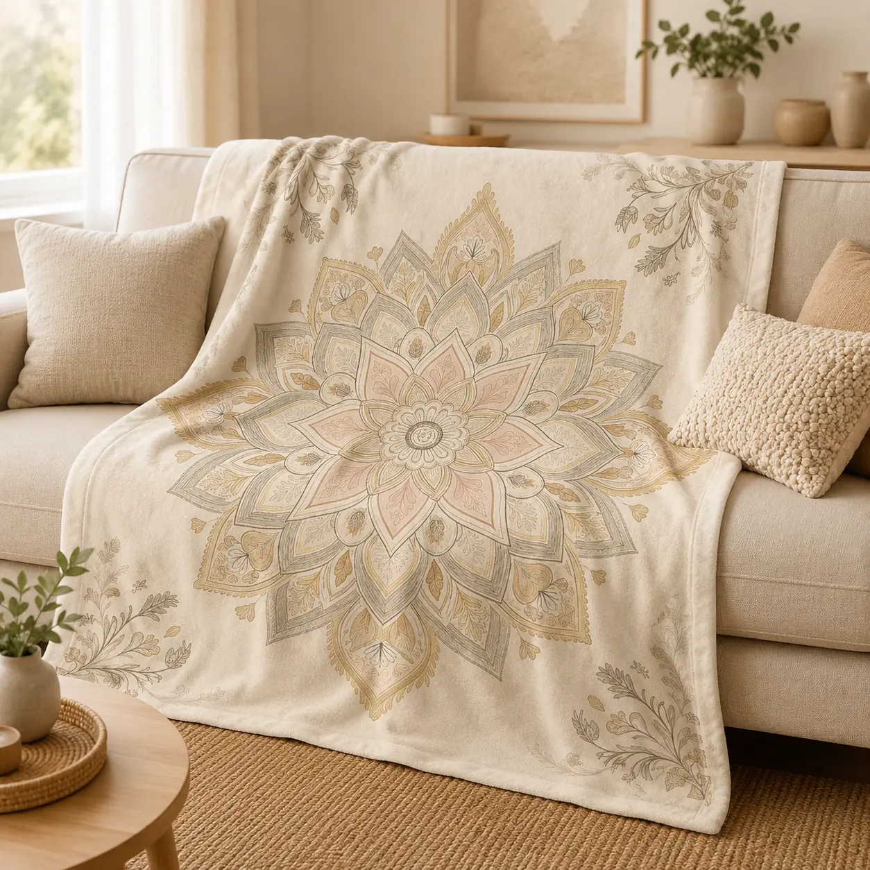 Neutral Boho Mandala Floral Vintage Flannel Throw Blanket, Lightweight Soft Fuzzy Plush Blanket for Couch Bed Sofa, All Season Cozy Warm, Elegant Aesthetic Gift, Beige Pastel Mandala Botanical Pattern Farmhouse Bedroom Living Room Home Decor