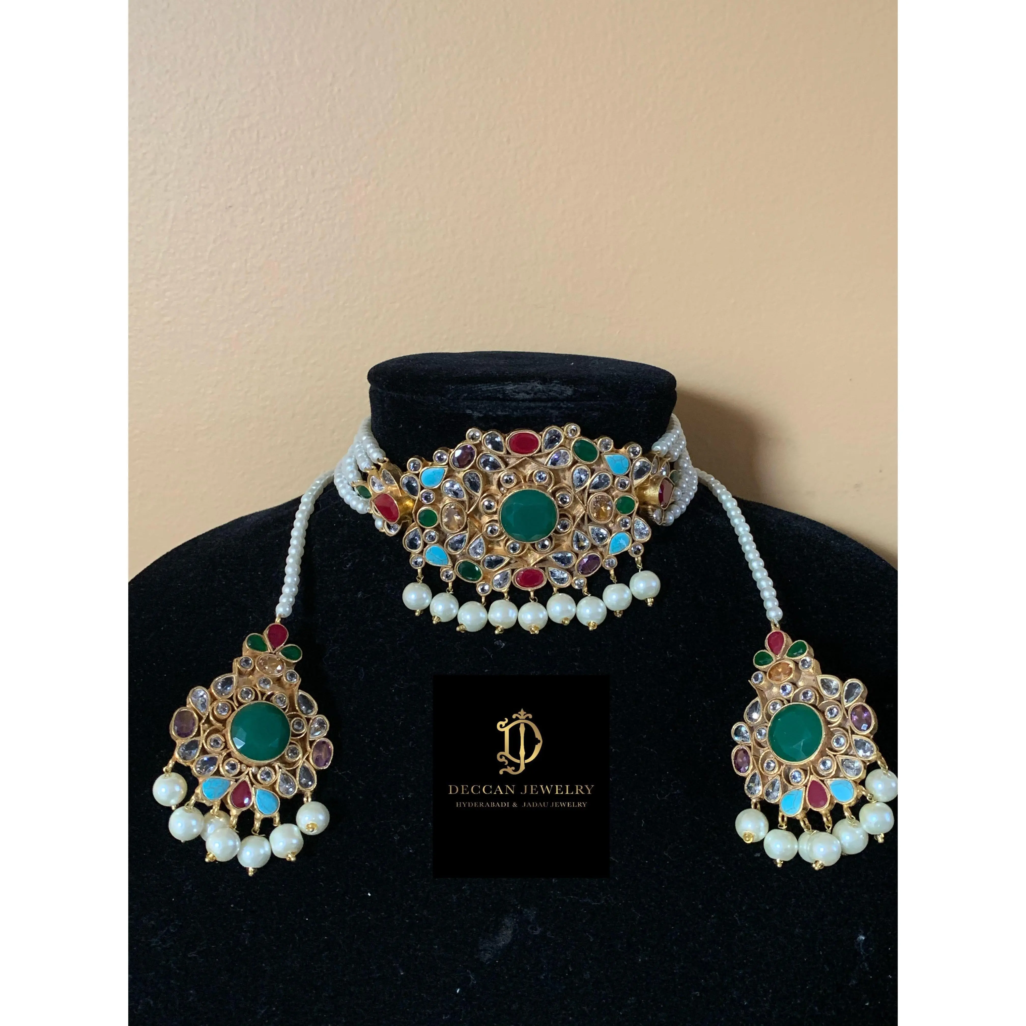 C219 Obaida kundan choker set in navratan ( READY TO SHIP)