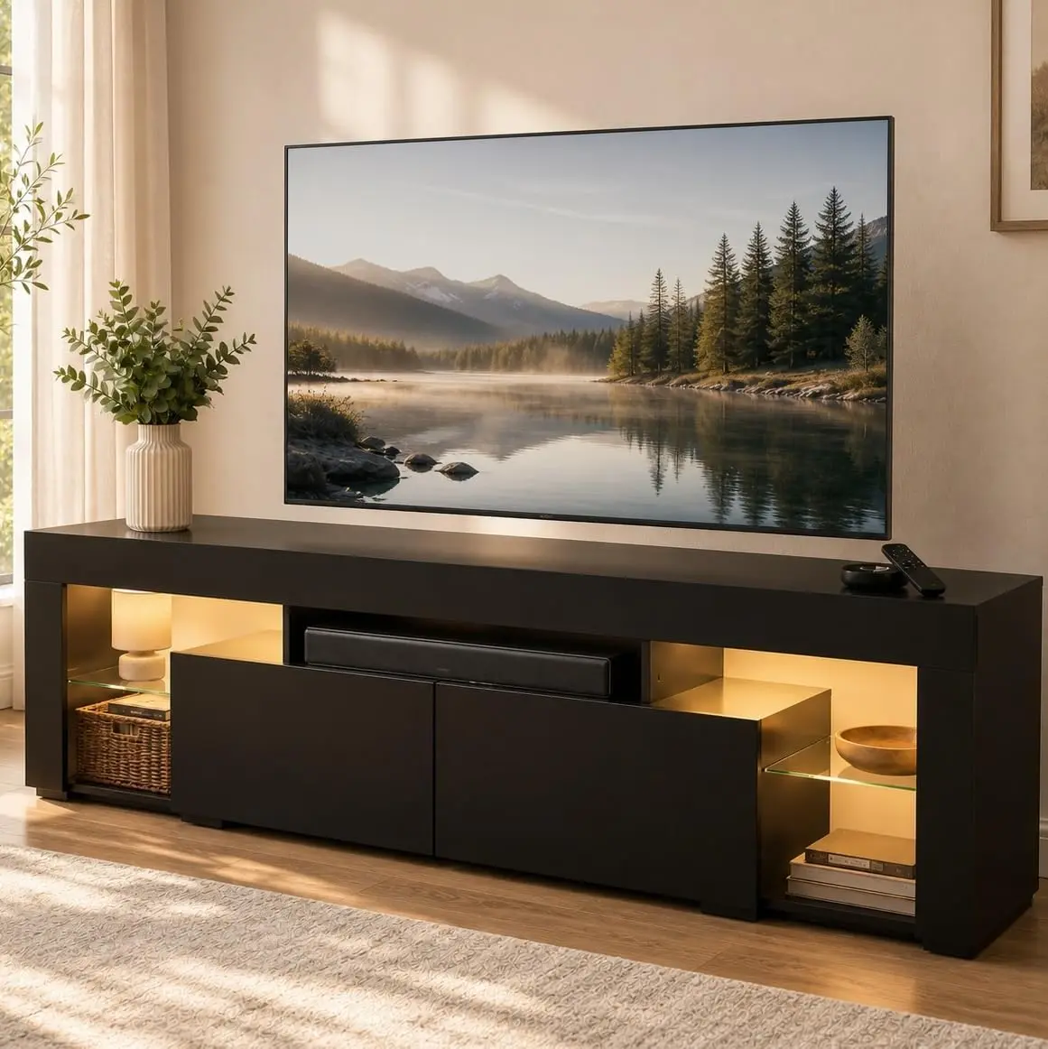 WLIVE TV Stand for 65 to 70 Inch TV, Modern Entertainment Center with LED Lights & 2 Large Storage Drawers, Wood TV Console for Living Room, Bedroom, Tv Console Table, Furniture