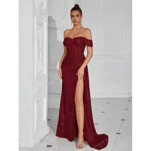 SequinSweetheartNecklinePleatedWaistLongSashTieFrontSlitOpenBackCocktailPartyDress,ElegantFormalEveningPromGown,ForWeddingGuest,Graduation,DinnerNewYearEve Chic Womenswear Burgundy Basic