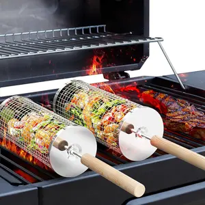 Barbecue basket with wheels, detachable wooden handle, made of 304 stainless steel material, nested barbecue tools, suitable for smoked barbecue accessories for vegetables, outdoor cooking, and camping, a birthday gift for dad and husband