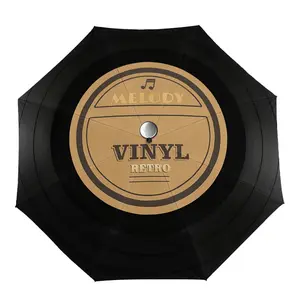 Automatic Folding Umbrella, Retro Vinyl & Coffee Record Design, 8-Rib Structure, Portable, Durable, Ideal for Spring/summer, Gift Idea