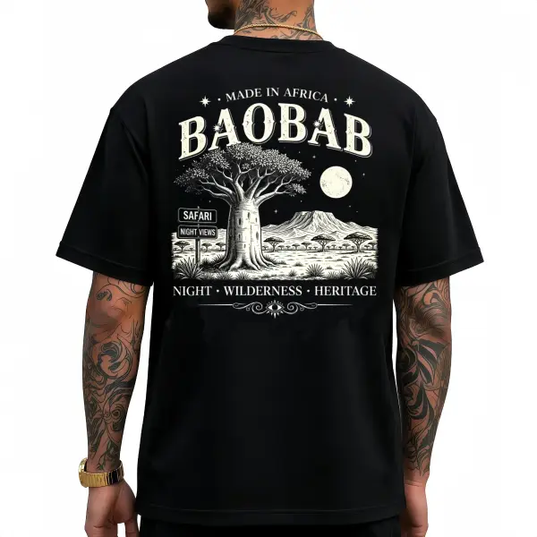 Made In Africa Baobab Tree Savannah Landscape Graphic Men T Shirt Front Back Dual Print Crew Neck Short Sleeve Vintage Safari Wilderness Casual Street Tee