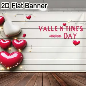2D flat banner, 1pcValentine's Day Red & White Heart Backdrop, Light Wooden Plank Background with Fairy Lights, DIY Party Decorations for Romantic Events, Social Media Photo Booth Props