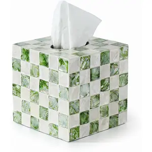 Coeusy Square Tissue Box Cover,Handmade Checkered Decorative Tissue Holder with Capiz Shells,Boho Coastal Tissues Cube Box Cover for Living Room Decor,Bathroom, Bedroom or Office(White and Green)