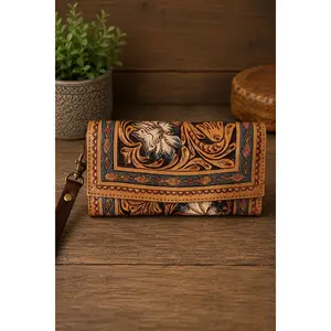 Women's Cimarron Bloom Genuine Leather Wristlet Bag - Leather Clutch, Countryside Co., Detachable Strap, Floral Print, Multiple Pockets, Western Charm, Genuine Leather Purse