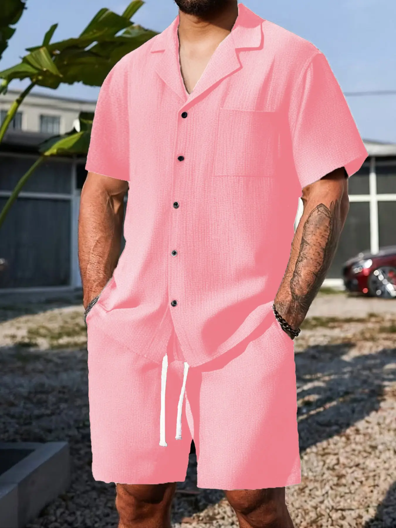 Men's Two-Piece Set, Jacquard Sport Casual Collared Shirt with Tie Drawstring Beach Running Shorts, Breathable Quick-Dry, Summer Tropical Outdoor Wear, Menswear Clothes