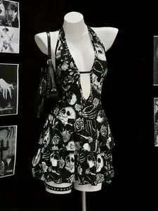 Women's Deep V Neck Backless Gothic Skull Rose Print Halloween Mini Dress, Flared Waist Cross Design, Perfect for Party & Cosplay