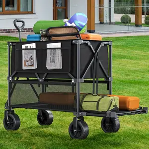DWVO Double-Deck Collapsible Folding Utility Wagon, 400L 47'' Extra-Long Wagon Cart with Large Wheels, Cup Holder, 450lbs Capacity for Sports Gear, Shopping, and Camping (Black)
