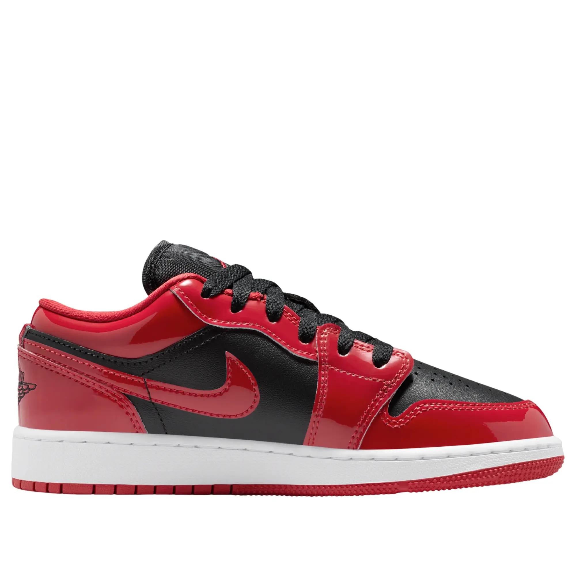 Jordan 1 Low SE Patent Bred Toe (GS) Youth Sneakers / Air Jordan 1 Low Casual Shoes / Black Gym Red White Colorway / Classic Low-Top Jordan Sneakers for Kids / Everyday Lifestyle Footwear