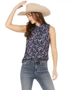 Rock & Roll Denim Women's And Running Horses Sleeveless Snap Western Shirt - Bwn0s06673