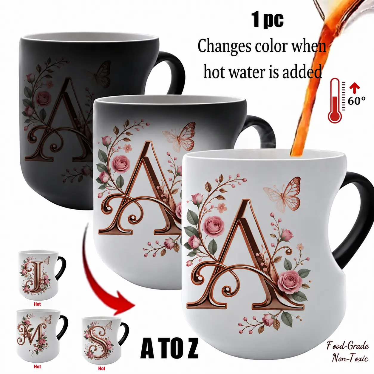 Elegant Rose Gold Floral Initial Color Changing Ceramic Mug, Heat Sensitive Magic Coffee Cup, Unique Personalized Gift for Friends & Family