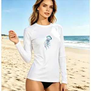 Long Sleeve White Sun Protection Shirt Women's Sun Protection Shirt Jellyfish Print Beach Summer Outfit Gift For Her Polyester Material