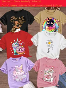 Girls Summer Trendy Fashion Short Sleeve T-Shirt, Cartoon Print Comfortable Versatile Top, Random Style, Casual Loose Fit, Floral Daisy Tee