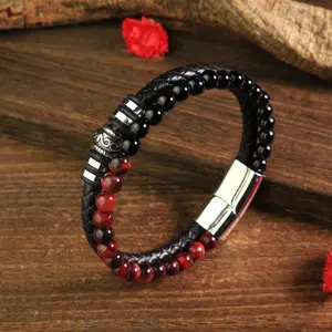 Men's Natural Black Obsidian Royal Tiger Eye Gemstone Cross Leather Braided Bracelet Stainless Steel 8INCH Magnetic Buckle Wrap Bangle