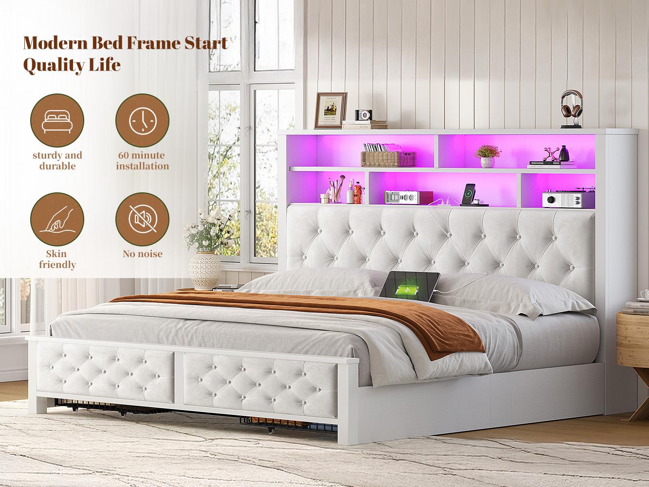 Raybee Luxury Modern LED Bed Frame with Power Stripes, Tufted Velvt Upholstered Full /Queen/King Size Bed Frame with Bookcase Storage Headboard, Heavy Duty Platform Bed Frame Holds 900LBS, NO Noise, No Box Spring Needed, Space Saving Hacks, Beige, Gray Raybee Luxury Modern LED Bed Frame with Power Stripes, Tufted Velvt Upholstered Full /Queen/King Size Bed Frame with Bookcase Storage Headboard, Heavy Duty Platform Bed Frame Holds 900LBS, NO Noise, No Box Spring Needed, Space Saving Hacks, Beige, Gray