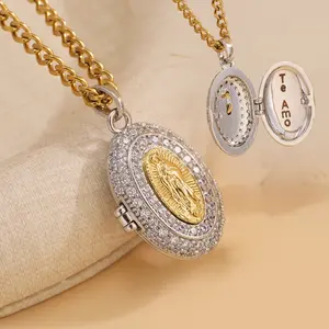 Virgen Mary Necklace with Rhinestone Pendant Te Amo Oval Design for Religious Jewelry Lovers Best Gift for Christmas Thanksgiving Day New Year