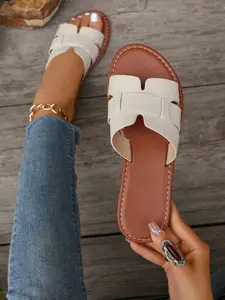 Women's Wide Fashion Square Toe Pleated Flat Sandals, Summer Vacation Style PU Material Slip-On Slippers, Comfortable and Stylish