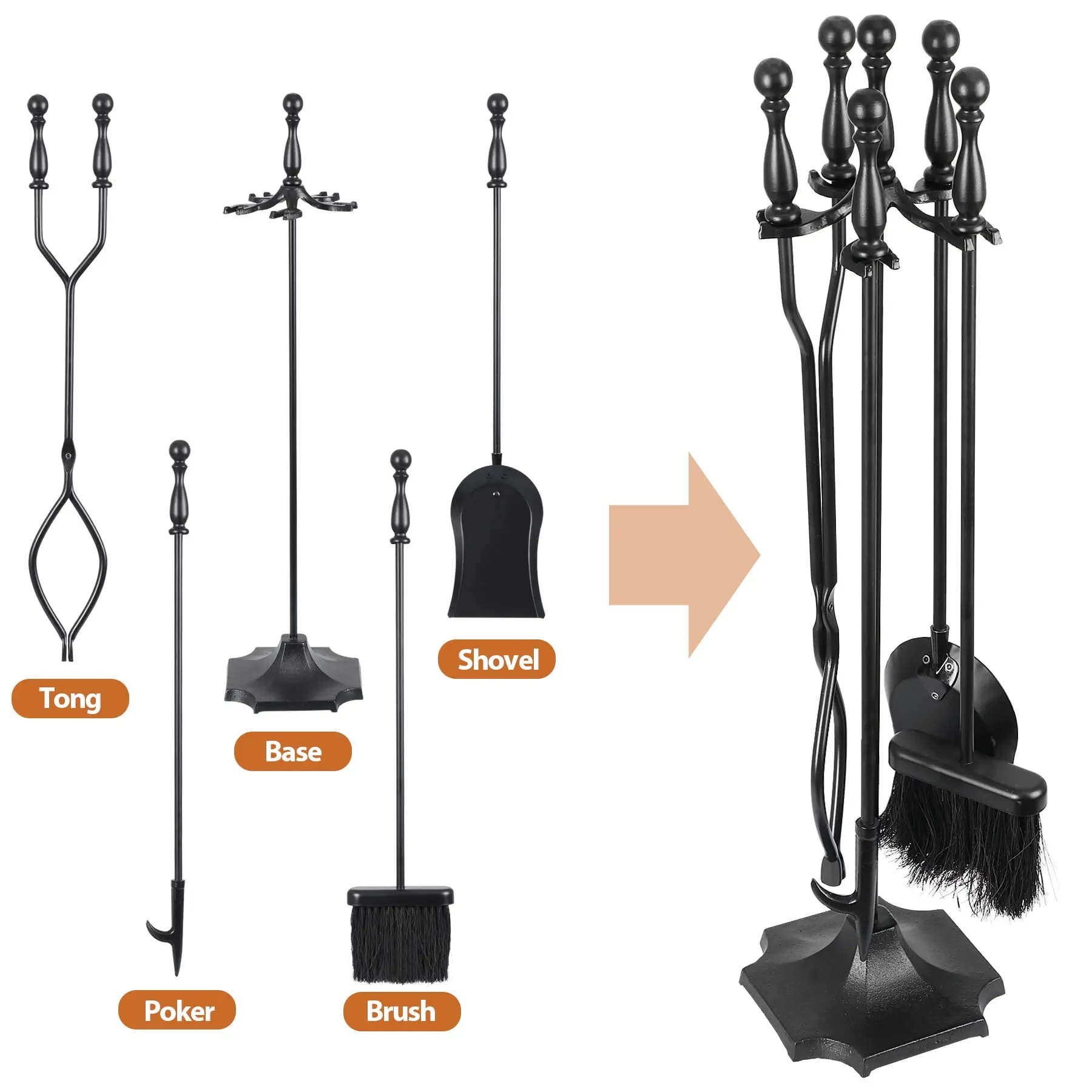ZENY 5-Piece Heavy-Duty Wrought Iron Fireplace Tool Set - 5.1"l x 25.9"h Brush, Shovel, Poker, Tong, Stand, Comfortable Grip, Heat-Resistant for Ash Cleaning, Indoor Wood-Burning, Outdoor Fire Pits
