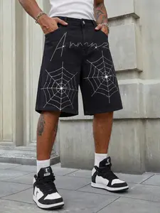 Men's Summer Rhinestone Spider Web Letter Pattern Loose Fit Mid Waist Denim Shorts, Y2K Streetwear Festival Casual Pants
