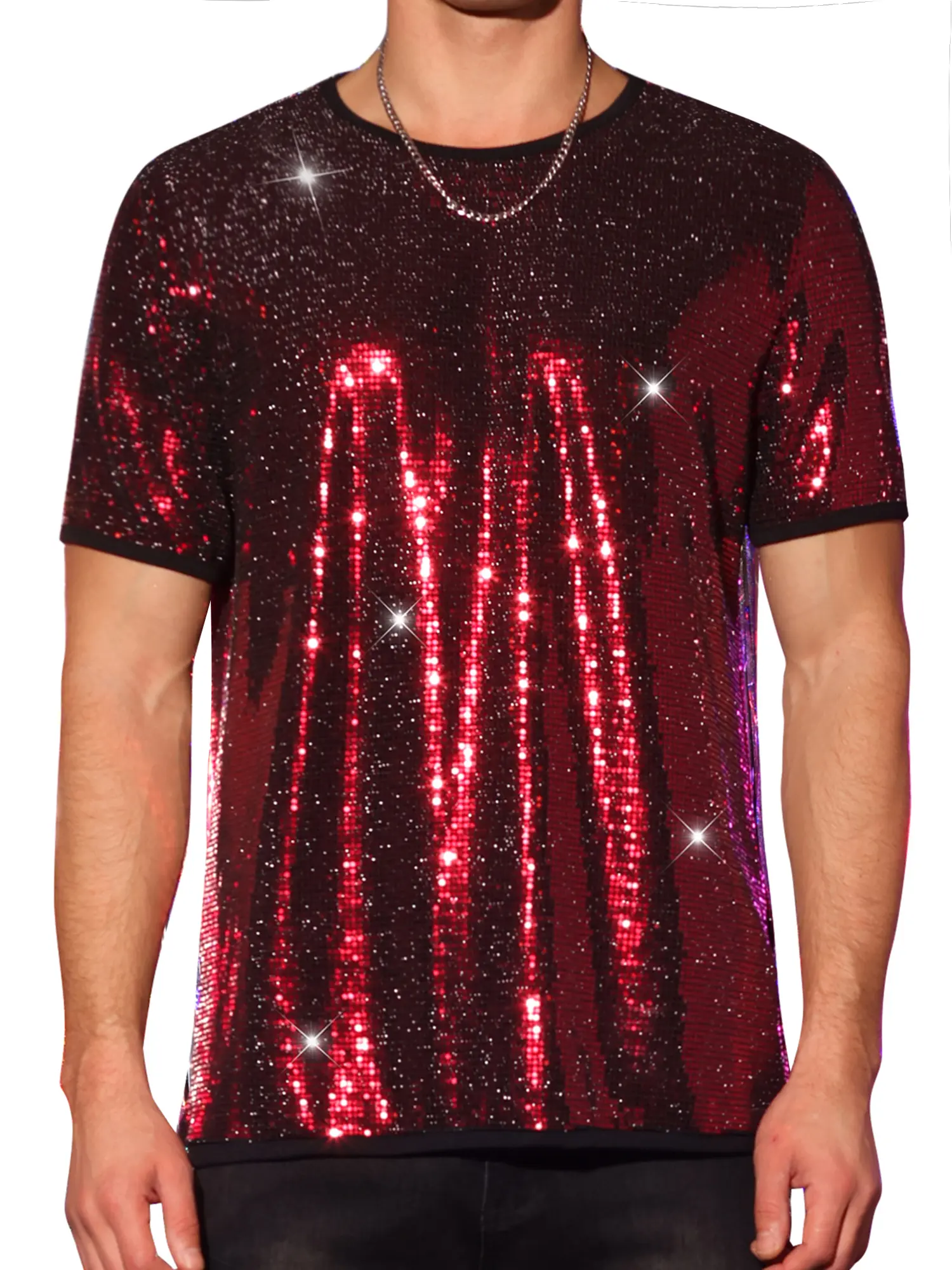 INSPIRE CHIC Sequin Shirts for Men's Short Sleeves Crew Neck Nightclub Party T-Shirts