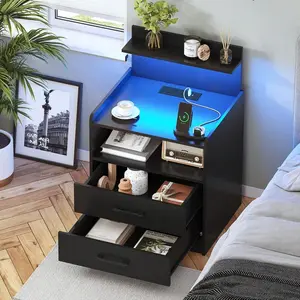 Night Stand, Nightstand With Charging Station, LED Bedside Table With Drawers And Storage Shelf, Modern Wood End Table Side Table For Bedroom