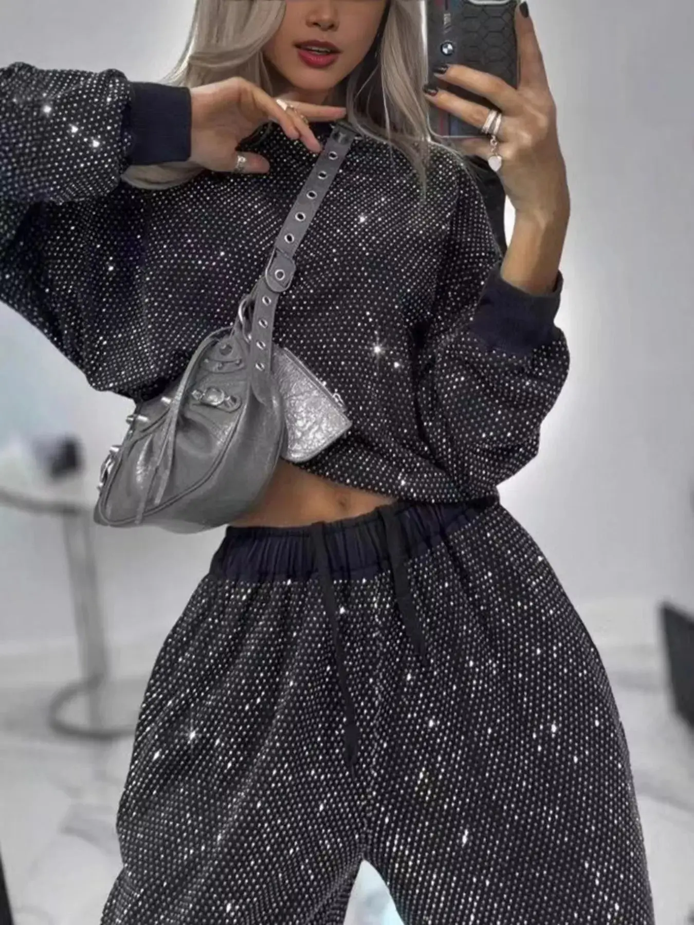 Rhinestone Long Sleeve Top and Pants Set