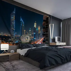 Extra Large Size - Lush Cityscape Night View Photo Large Digital Print Tapestry, Polyester Aesthetic Print Hanging Cloth, Living Room Bedroom Office Home Room Party Decoration, Wall Decoration, No Installation Require Design Black Decorative bedroom decor