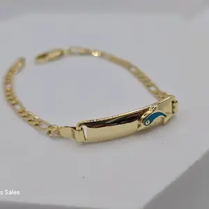 BRACELET WITH DOLPHIN BLUE bracelet ID STYLE GOLD-PLATED color small   6"inches (KIDS) figaro