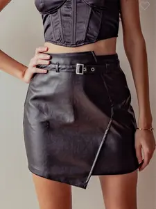 Gretchen Leather Skirt with Belt Waist and Asymmetrical Front Design